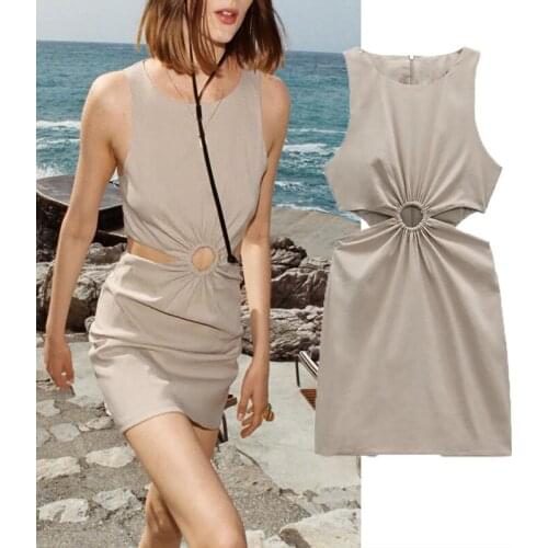 Za 2021 Cut Out Mini Dresses Women Fashion Sleeveless Round Neck Summer Dress Chic Openwork Waist Lined Ring Sexy Female Dress