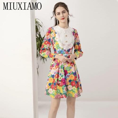 MIUXIMAO 2021 Runway Spring Summer New Women Fashion Embroidery Patchwork Flowers Print Vintage Chic Party Mini Dress Vestidos