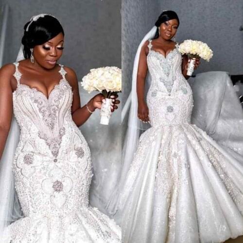 Plus Size African Mermaid Sweetheat Lace Wedding Dresses 2021 Robe De Mariee Beaded Crystal Gowns Custom Made Bridal Dress