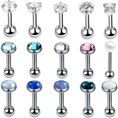 2PCS Opal Stone Ear Tragus Cartilage Helix Stud Piercing 16G Crystal Gem Earring Barbell Stud Lip Piercing Body Jewelry Retainer