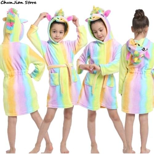 2021 Kids Unicorn Bath Robes Winter Childrens Bathrobe Kigurumi Animal Flannel Sleepwear For Big Boys Girls Pyjamas Nightgown