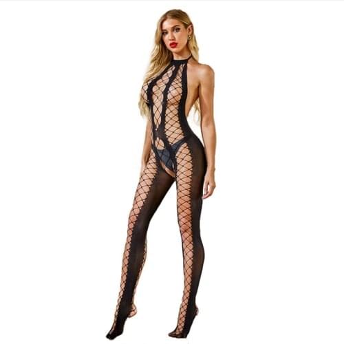 2021 Newest Woman Sexy Backless Erotic Underwear Rompers Lingerie Jumpsuits Halter Hollow Mesh Fishnet Body Stockings Bodysuits