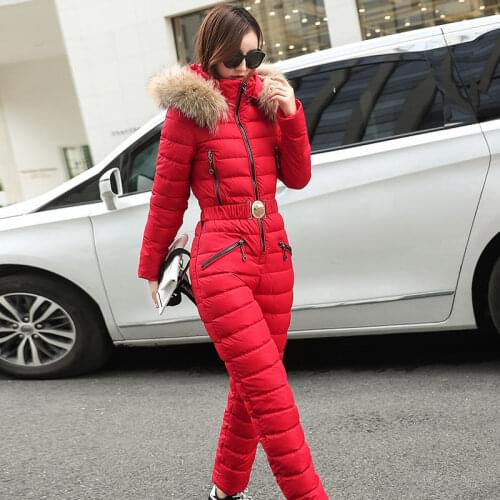 2021 Winter Womens Hooded Jumpsuits Parka Cotton Padded Warm Sashes Ski Suit Without Belt One Piece Casual Tracksuits T4