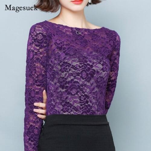 Elegant Lace Slash Neck Mesh Blouse 2021 Autumn New Fashion Long Sleeve T-shirt Vintage Office Lady Tops Female Clothing 16718
