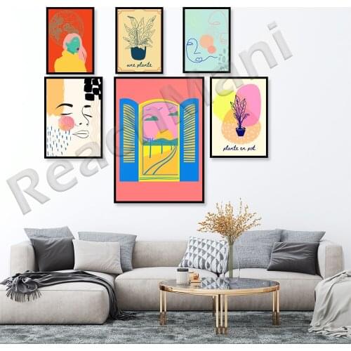 Hill Mountain Window Scenery / Abstract Potted Plant French Modern Print