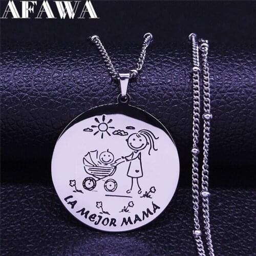 Spanish Mama and Baby Stainless Steel Charm Necklaces Silver Color Pendant Women Jewelry Mothers day gift cadenas mujer