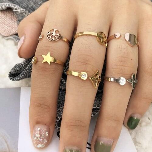 Women ring engagement love life tree clover star ring opening stainless steel Zircon ring female jewelry kpop ring set