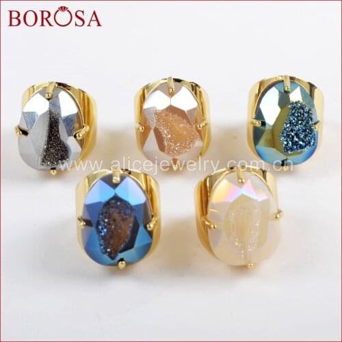 BOROSA Fashion 5pcs Egg Shape Gold Color Claw Titanium Druzy Faceted Ring, Rainbow Drusy Ring Gems Jewelry ZG0312