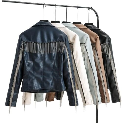 Autumn New Leather Fringed Jacket Womens Tassel Spring PU Leather Coat Short Slim Fit Brand Motorcycle Fashion Fringed Jacket