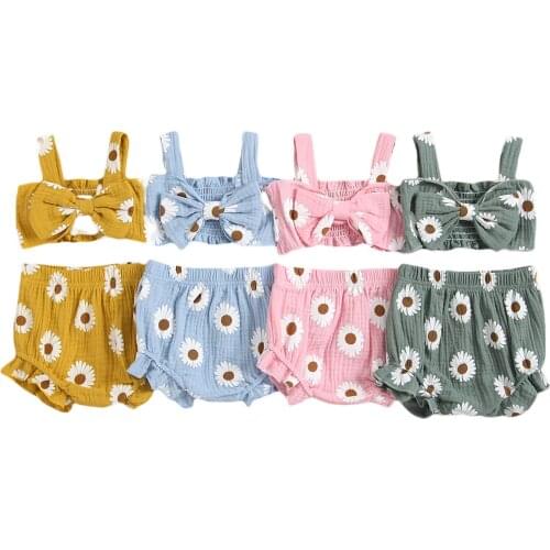 2021-06-02 Lioraitiin 0-24M Infant Baby Girls 2Pcs Summer Clothes Sleeveless Bow Knot Front Crop Tank Tops + Ruffle Shorts Set