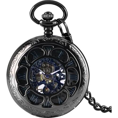 Chain Watch Top Luxury Black Hollow Case Blue Skeleton Roman Number Dial Design Steampunk Mechanical Pocket Watch Gifts