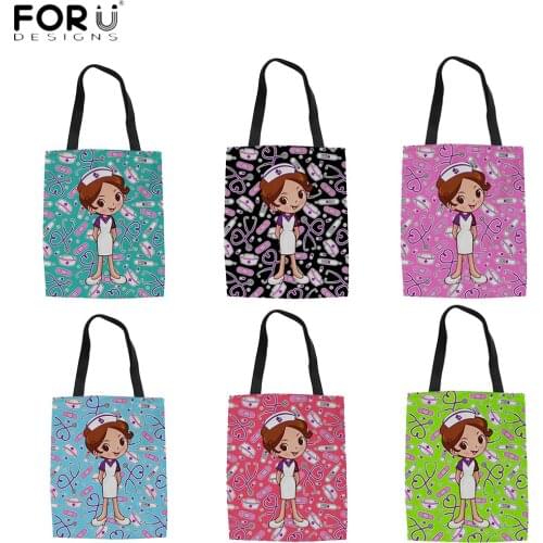 FORUDESIGNS New Trend Women Canvas Shopping Bag Nurse Love Girls Printing Reusable Female Casual Handbags Shoulder Totes Sac