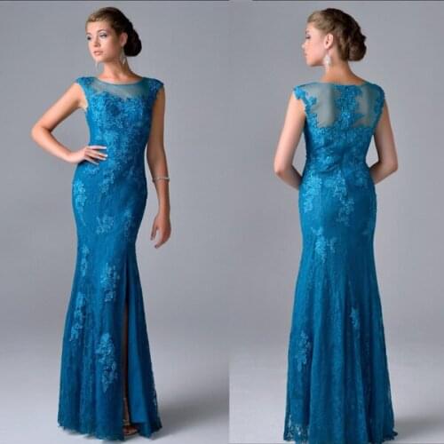 2015 New Arrival Blue Lace Appliques See Through Side Slit Mermaid long Mother Of The Bride Lace Dresses Vestido De Madrinha