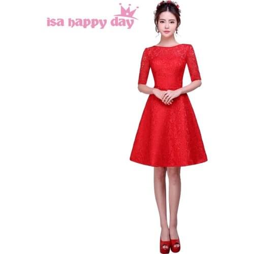 Modest girls short sleeves red knee-length bridesmaid lace brides maid elegant pink bridesmaids dresses bridemaid dress H3622