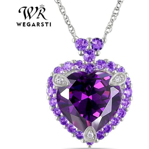 WEGARSTI Luxury Big Crystal Heart Necklace Pendant For Women Purple Romantic CZ 925 Silver Chain Necklaces Wedding Fine Jewelry