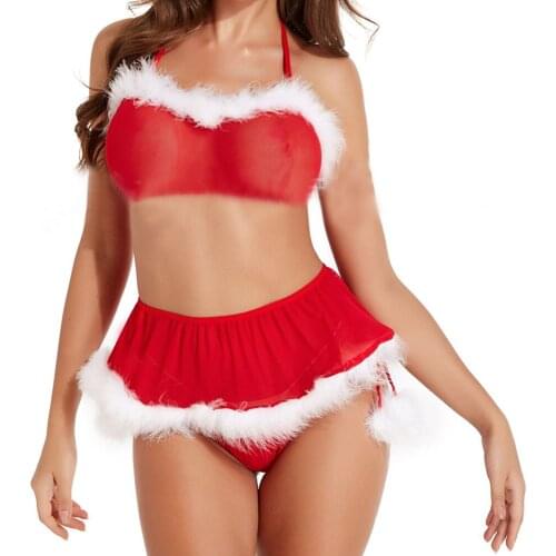 Christmas Costume European American Christmas Sexy Lingerie Set Cosplay Stage Costume Adult Large Size Red Slim with Feather