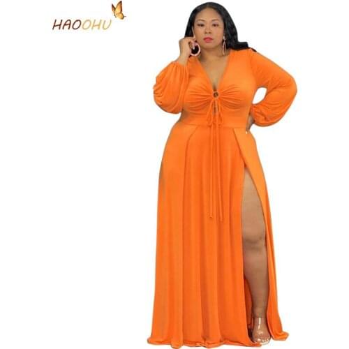 HAOOHU Sexy Split Hollow Lace Plus Size Dress Fall Womens Clothing 2021 Casual Fashion Long Sleeve Floor Dresses Solid Color