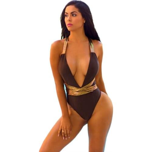 Sexy One piece bikinis Summer Hot Biquinis Deep V swimwear swimsuits Bandage Backless Patchwork bathing suits beachwear female