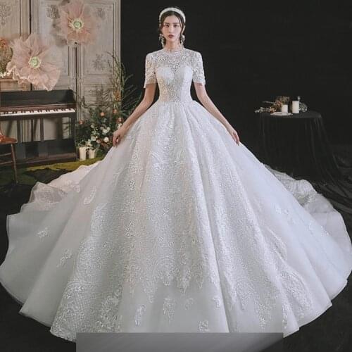 Wedding Dresses Illusion O-Neck Short Lace Tulle Embroidery Backless Floor-Length Luxury White Elegant Women Bridal Gown G345
