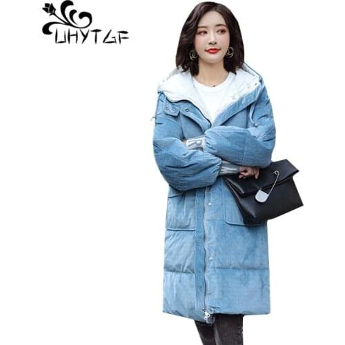 UHYTGF Thick down jacket Parker women luxury corduroy winter Cotton coat Korean thick winter warm coat loose plus size jacket301