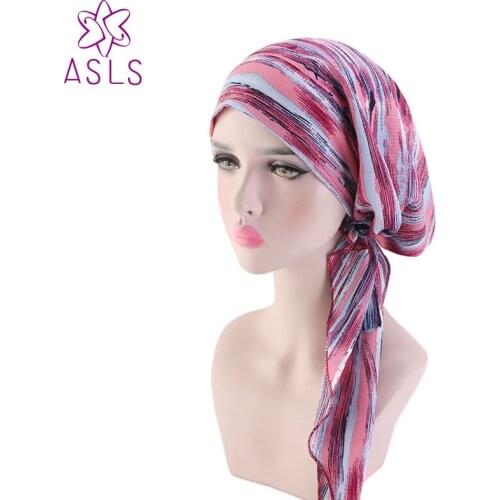 New Fashion Women Long Tail Headwear Turbante Head Scarf Chemo Hat Muslim Turban Pre-Tied Flowers Printed Hair Accessories
