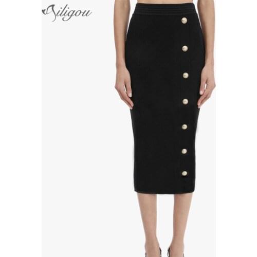 Ailigou 2021 New Womens High Quality Black Bodycon Botton Rayon Bandage Skirt Sexy Celebrity Club Party Pencil Skirt