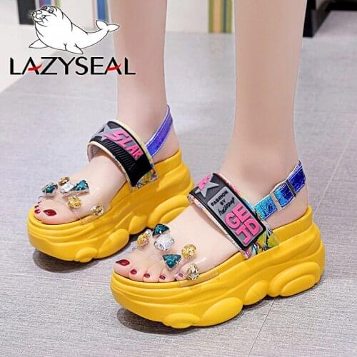 LazySeal 9cm Height Increasing Jewellery Platform Sandals Women Transparent Heel Student Summer Beach Shoes Sandalias Mujer