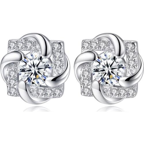 S925 Silver Earring Crystal Sparkling Forever Love Clover Stud Earring For Women Wedding Gift Lady Girl Fashion Zircon Jewelry