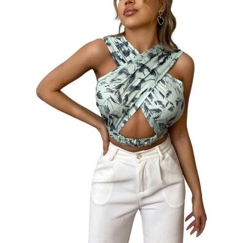 Women’s Fashion Printing Vest Sexy Cross Straps Halter Hollow Exposed Navel Slim Fit Camisole