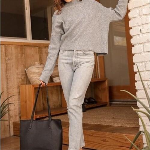 MESTTRAF Women 2021 Fashion Round Neck Loose Back Split Design Knit Sweater Retro Long Sleeve Solid Color Pullover Streetwear