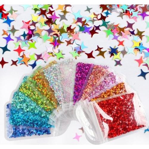 12 Bags Holographic Glitter Star Sequins For Nail Design Four-pointed Star Flakes Slices Nail Art Decorations Beauty Accessories