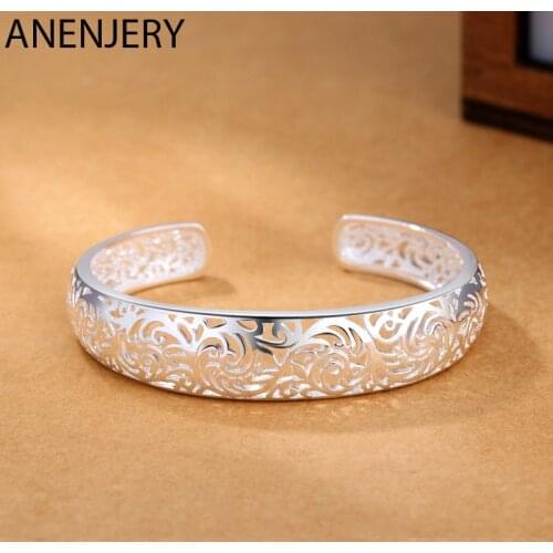 ANENJERY 925 Sterling Silver Exquisite Pattern Hollow Open Cuff Bangle Bracelet Handmade Bangle For Women Gifts S-B273