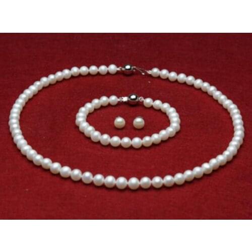 Free Shipping sets 8-9mm white round freshwater pearl necklace bracelet earrings