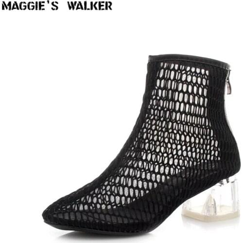 Maggies Walker Women Fashion Mesh Summer Boots Summer Zipper Casual Shoes Pointed-toe Breathable Boots Size 35~39
