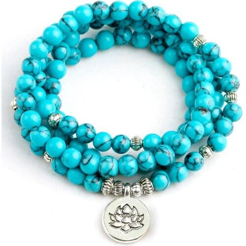 Yoga Blue Howlite Stone Men 6mm 108 Beads Strand Bracelets Lotus Buddha Mala Bracelet For Women Jewelry Gift