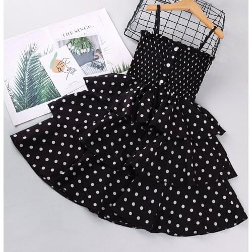 Kids Girls Polka Dot Princess Dress Sling Off-shoulder Ruffled Muti-layer One-piece Strip Tiered Dress Party Wear Birthday Gift