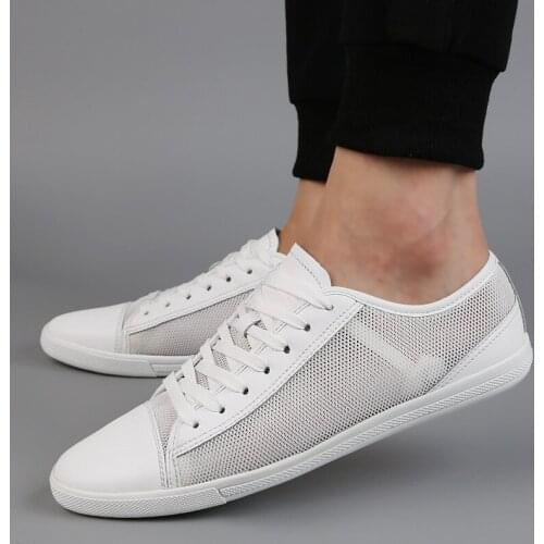 Breathable Summer Mesh Shoes Mens White Casual Shoes Genuine Leather Lace Up Brand Fashion Footwear Shoes Man Soft Comfortable
