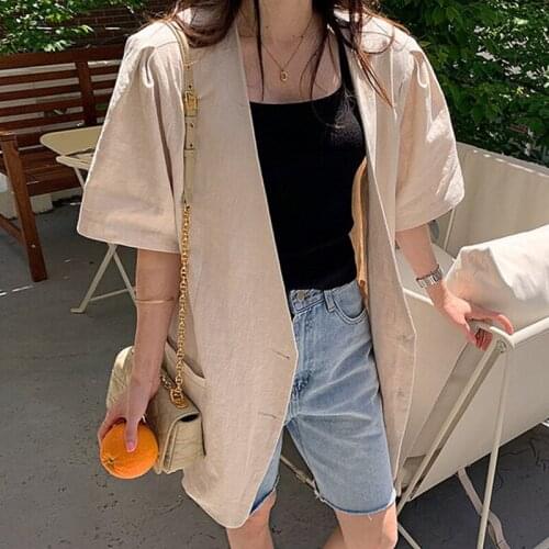 Korean Chic Summer Niche Lazy Style V-Neck Two Buttons Loose Wild Double Pocket Short-Sleeved Suit Jacket Women