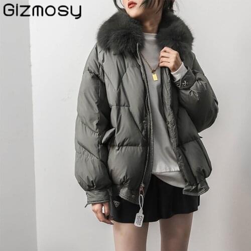 Gizmosy 2021 Winter Down Jacket Womens Short Oversized Fox Fur Collar Down Coat Female Thick Warm 90% White Duck Down Jacket