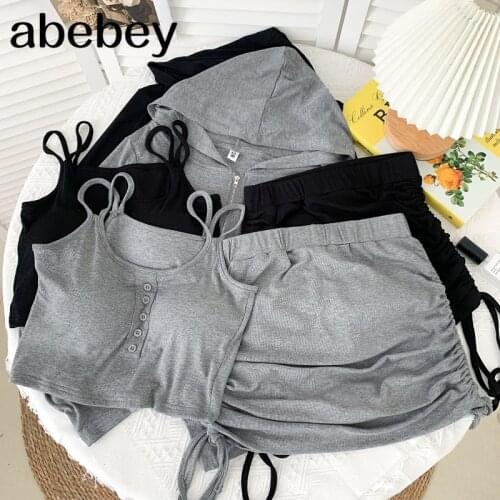 Fashion hooded collar long sleeve zipper Top + drawstring pleated bandage Skirt two-piece with Camisole 2021 New Spring Autumn