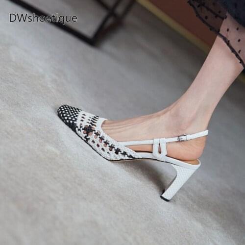 Fashion woven square toe women dress shoes high heel summer lady slingbacks