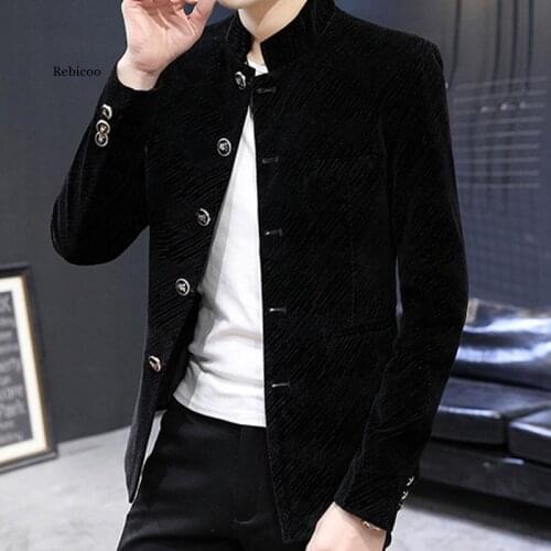 Men Velvet Tunic Suit Jacket Mandarin Stand Collar Striped Casual Blazers 2021 New Slim Fit Male Coat Outerwear