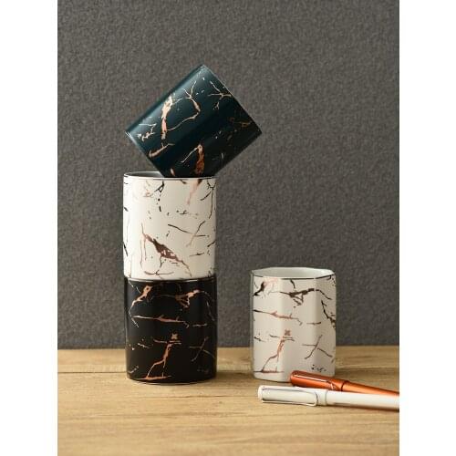 Nordic Bathroom Organizer Imitation Marble Stripe Ceramic Desk Organizers Storage Cup Makeup Brush Holder Pen Holder