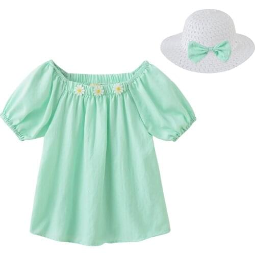 Oyolan Girls Puff Short Sleeve Casual Solid T-Shirt Kid Cotton Tops Flower Tshirt with Hat Girls Summer Beach Wear Girl Clothes