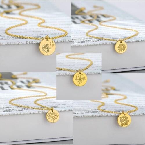 Necklace for Women Round Gold Silver Color Stainless Steel Choker Chrysanthemum, Lotus, Dandelion, Carnation Pendant Jewelry