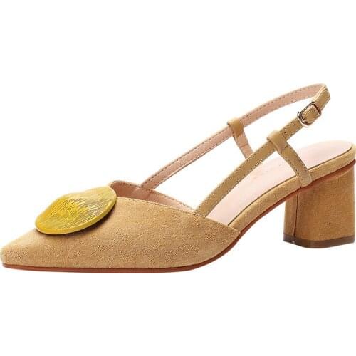 Women Sandals Thick High Heels Sandals Chaussures Femme Flock Buckle Strap 6CM Pointed Toe Shallow Back Strap women shoes black