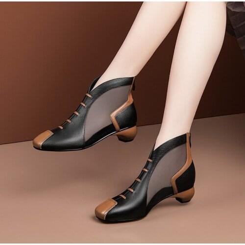 Mesh Boots Womens Shoes Ankle Sandals Boots 2020 Summer Square MID Heel Back Zip Soft LEATHER Female Footwear Black Beige