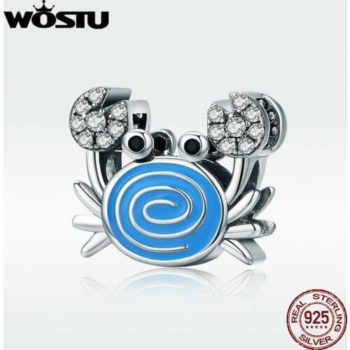 WOSTU 100% 925 Sterling Silver Lovely Clear CZ Crab Charm Beads Fit For Original Women Charm Bracelet Find Jewelry Gift DXC682