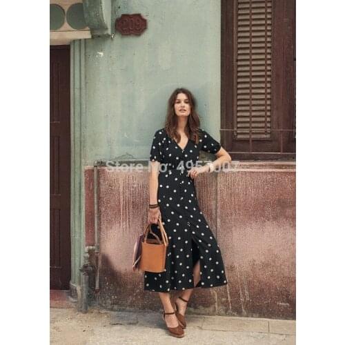 ElfStyle Silk V Neck Dots Printed Button Front Dress Gathering Waist - 2020ss Women/Women Short Sleeve Long Dress