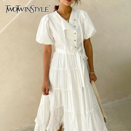 TWOTWINSTYLE Yellow Elegant Dress For Women O Neck Puff Short Sleeve High Waist Sashes Slim Vintage Midi Dresses Female 2021 New